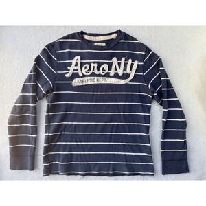 Aeropostale Mens Large Navy Blue Striped Waffle Knit Thermal Aero NY Shirt